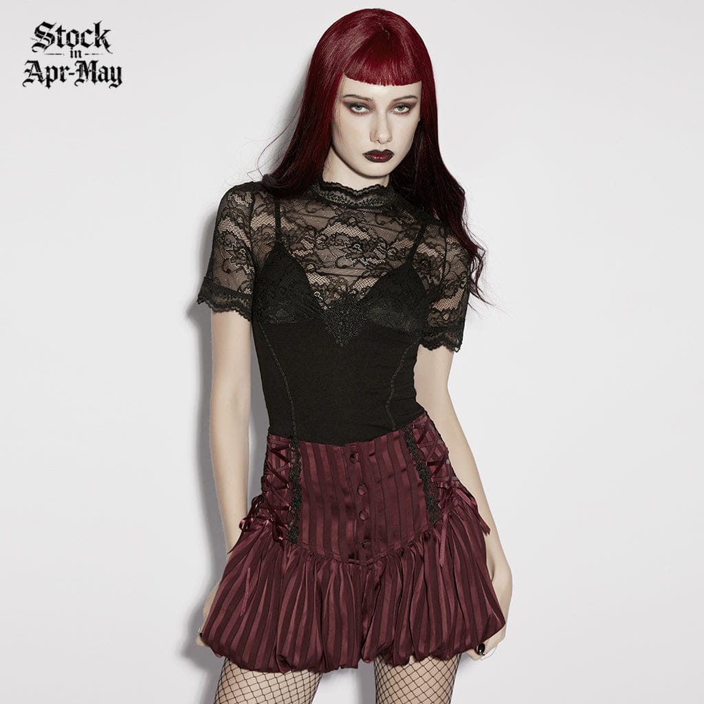 PUNK RAVE Women's Gothic Floral Lace Short Sleeved Top