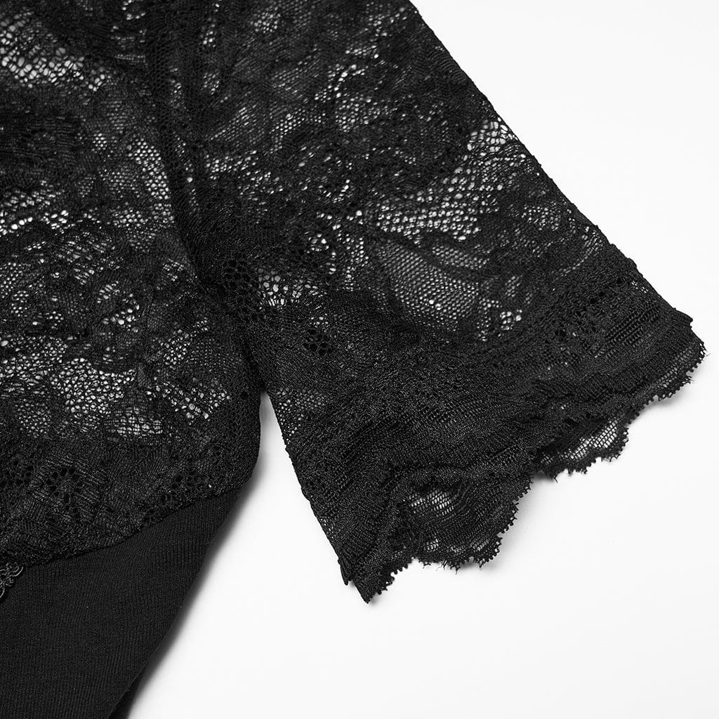 PUNK RAVE Women's Gothic Floral Lace Short Sleeved Top
