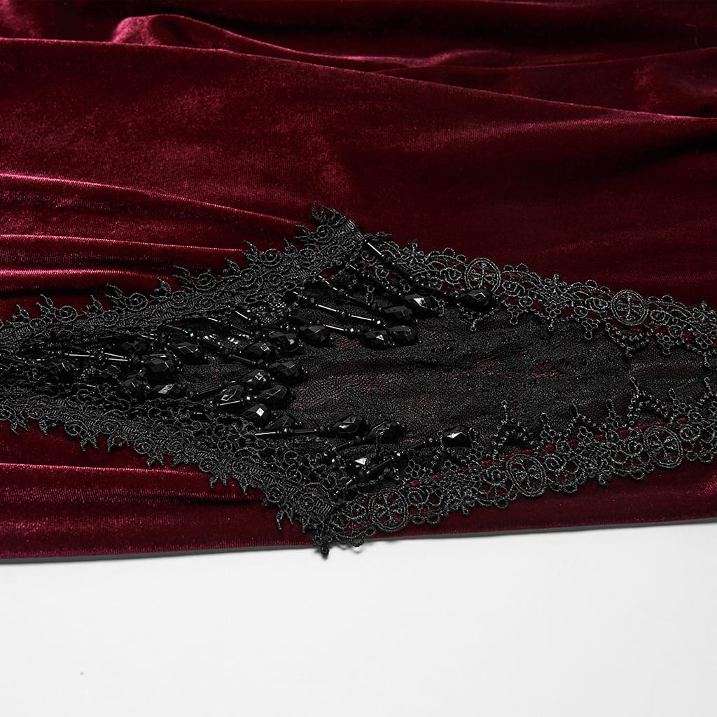 PUNK RAVE Women's Gothic Floral Lace Spliced Beaded Tassel Flare Pants Red