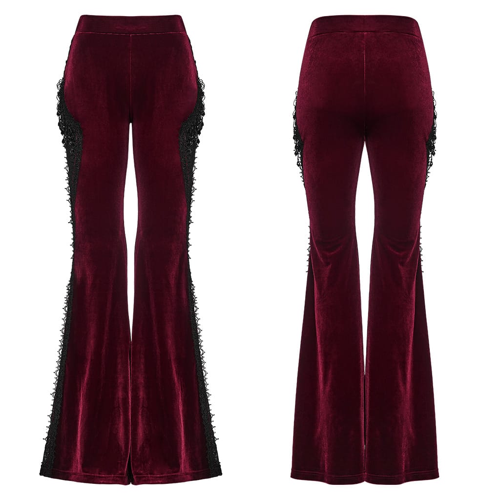 PUNK RAVE Women's Gothic Floral Lace Spliced Beaded Tassel Flare Pants Red