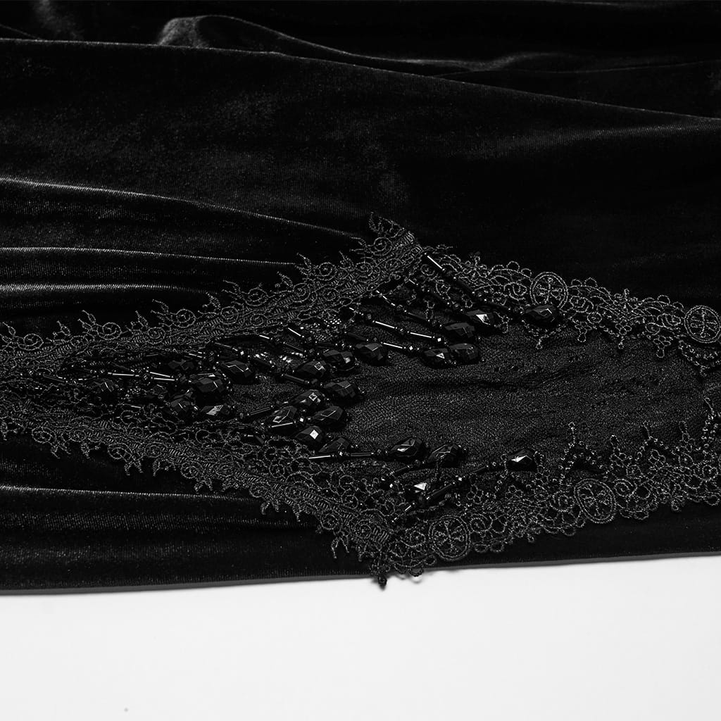 PUNK RAVE Women's Gothic Floral Lace Spliced Beaded Tassel Flared Pants Black