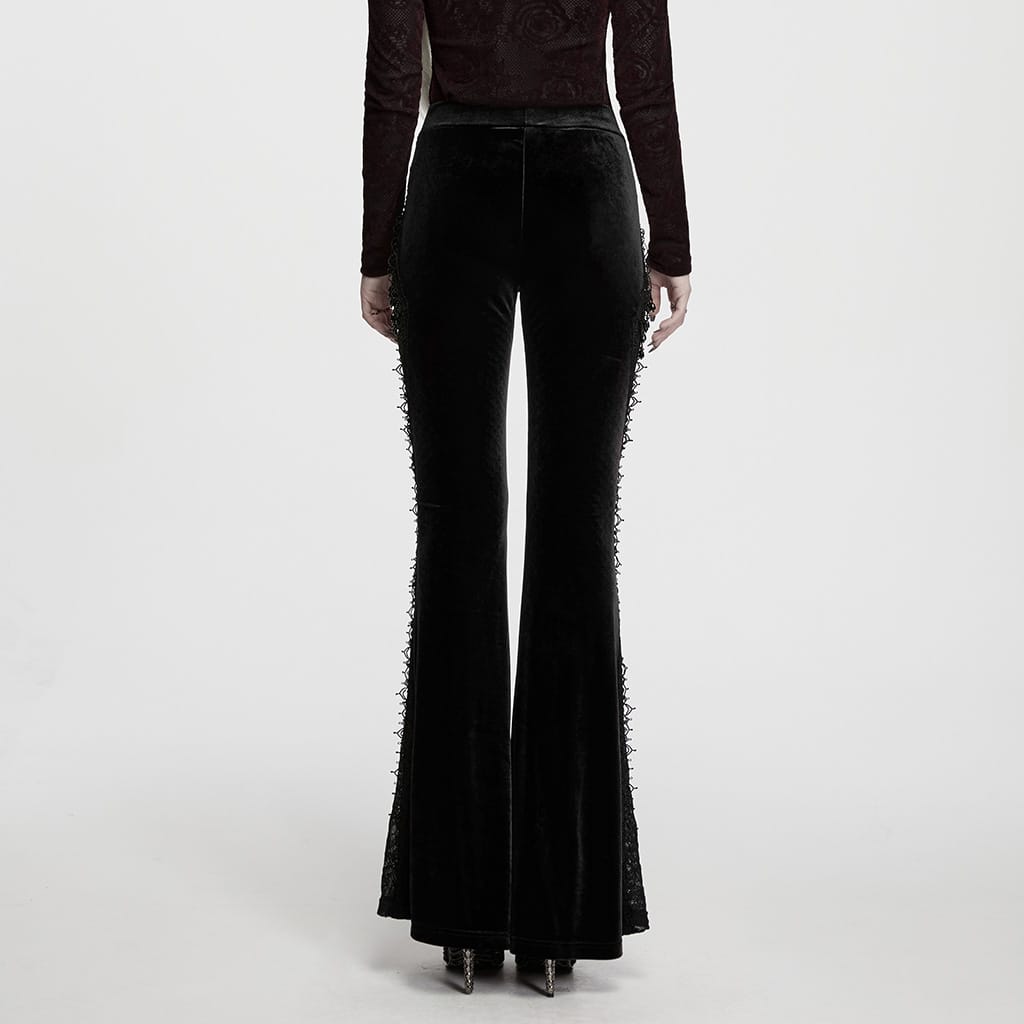PUNK RAVE Women's Gothic Floral Lace Spliced Beaded Tassel Flared Pants Black