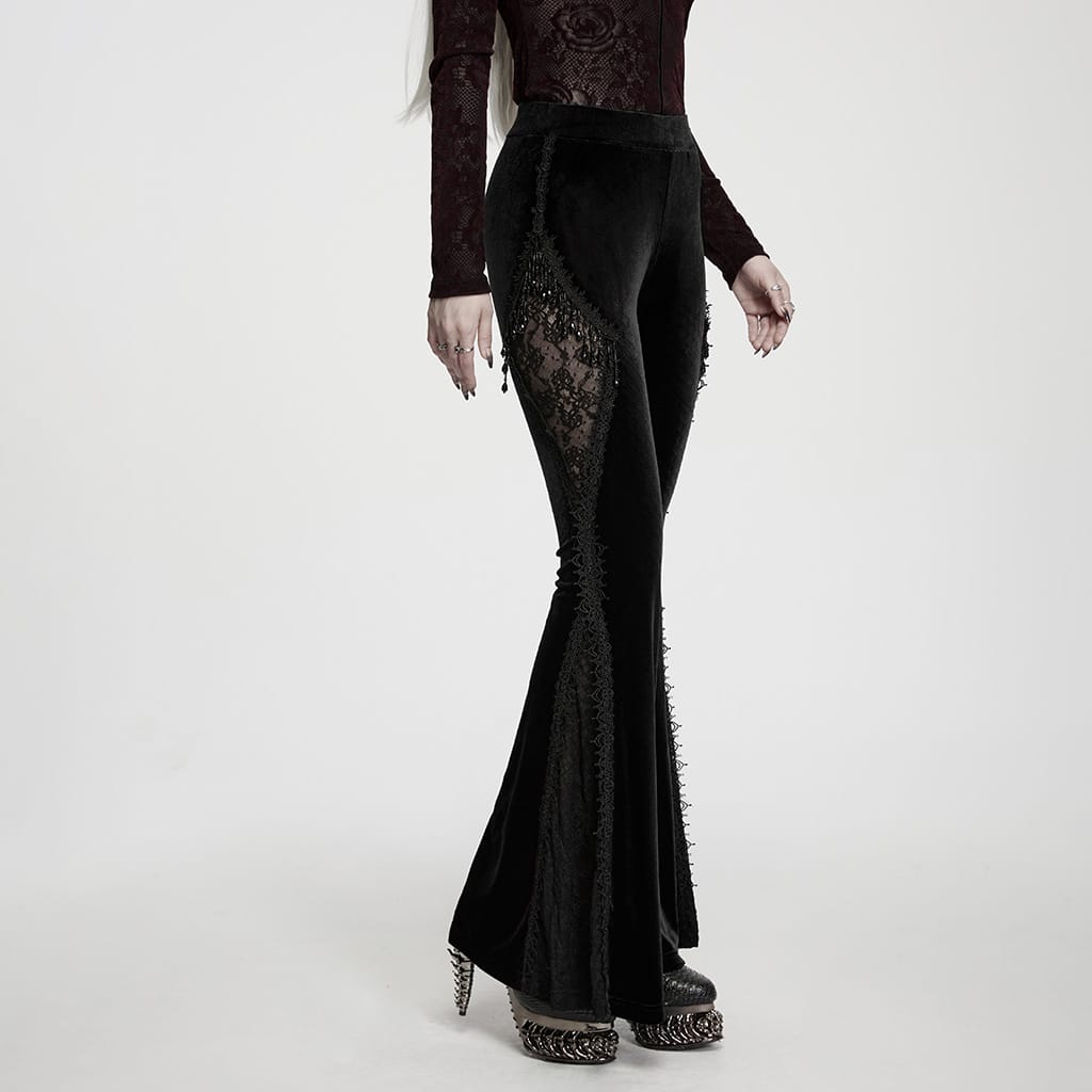 PUNK RAVE Women's Gothic Floral Lace Spliced Beaded Tassel Flared Pants Black