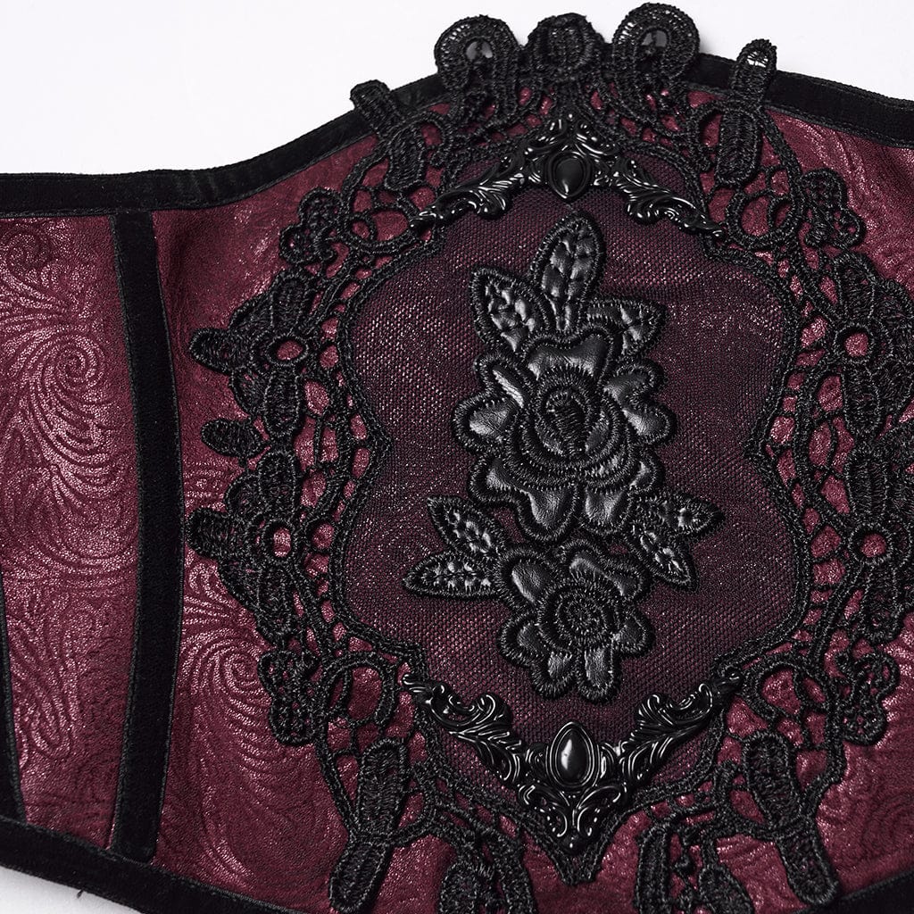 Women's Gothic Floral Lace-up Side Zipper Underbust Corset Red
