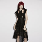 PUNK RAVE Women's Gothic Floral Mesh Cross Halterneck Dress