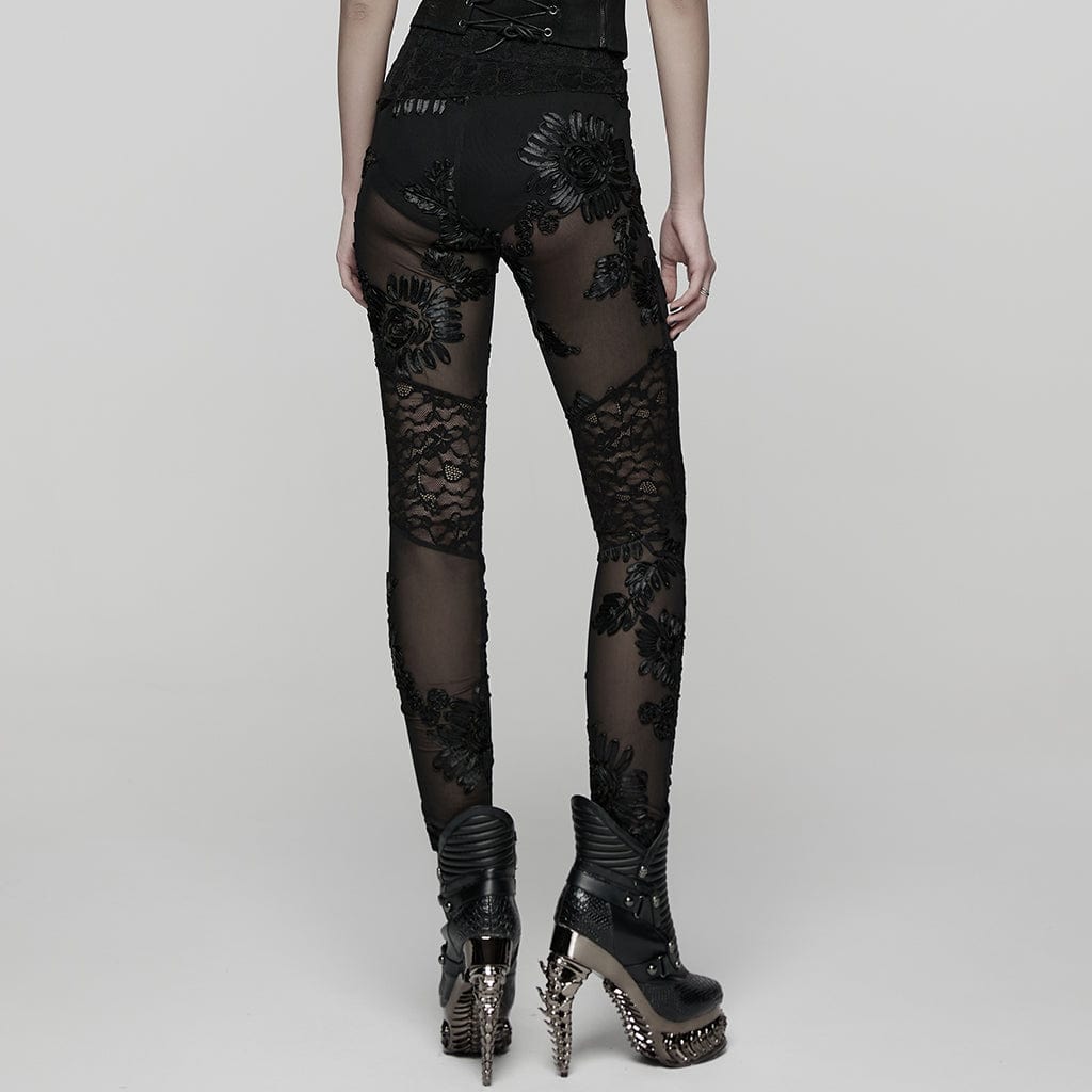 PUNK RAVE Women's Gothic Floral Mesh Leggings