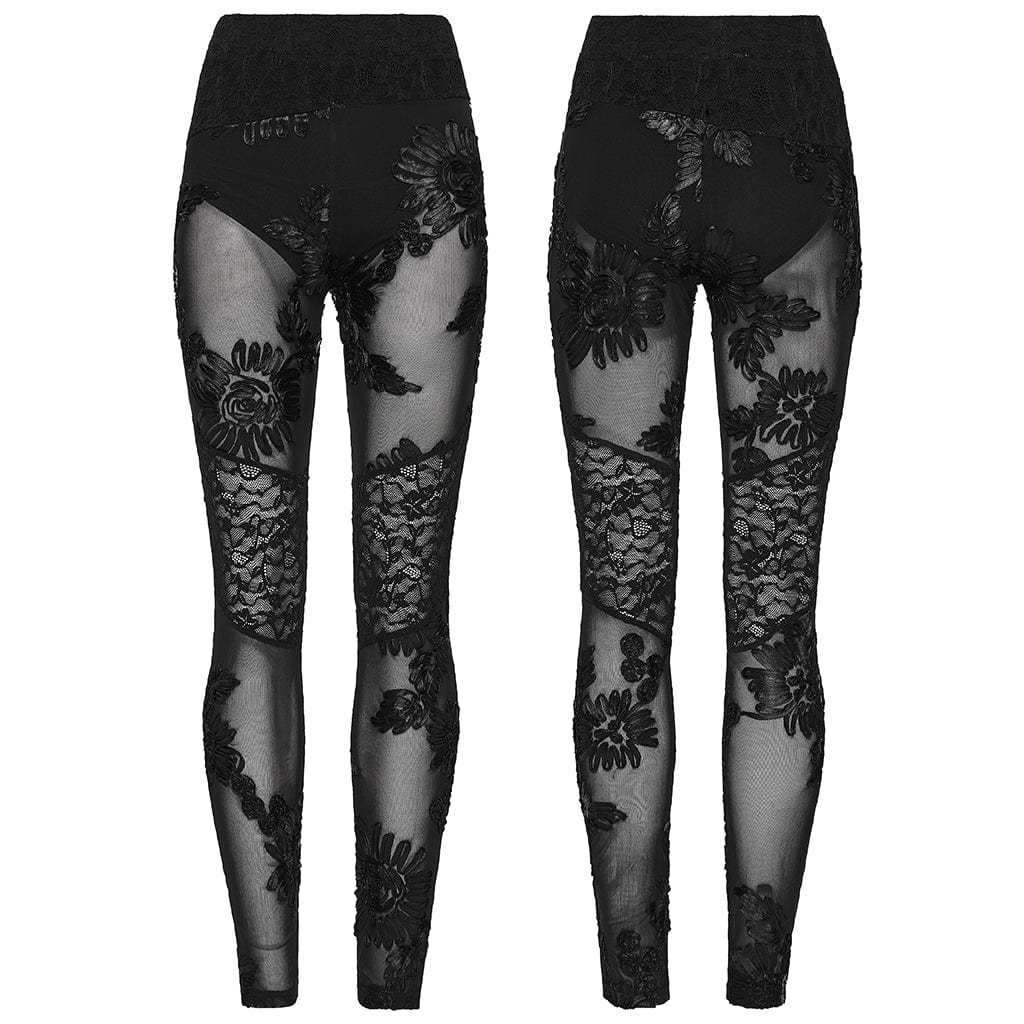 PUNK RAVE Women's Gothic Floral Mesh Leggings