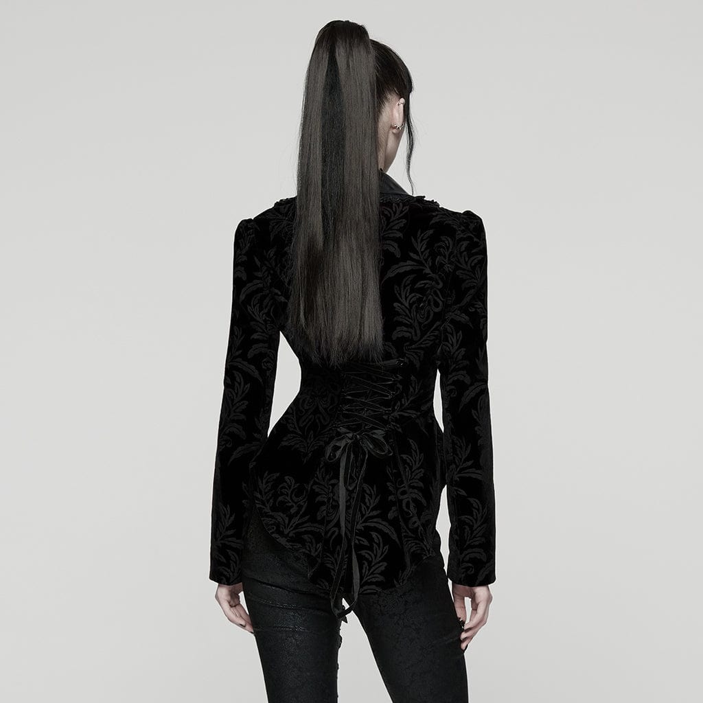 PUNK RAVE Women's Gothic Floral Printed Lace-up Jacket Black
