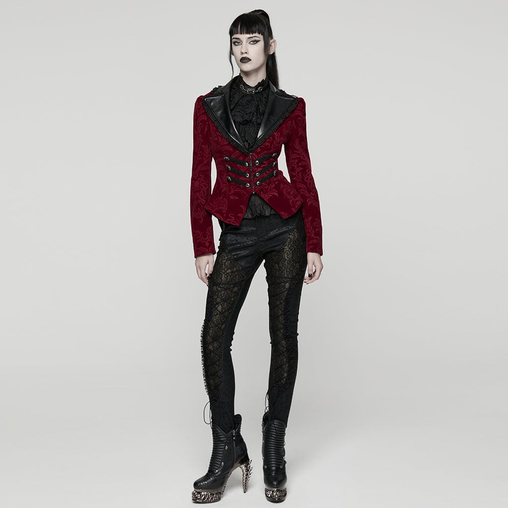 PUNK RAVE Women's Gothic Floral Printed Lace-up Jacket Red