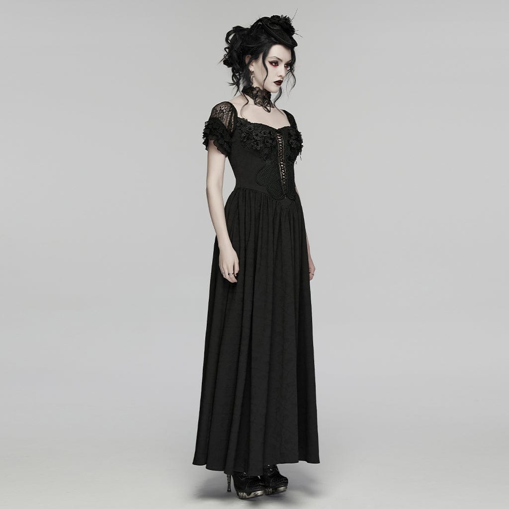 PUNK RAVE Women's Gothic Floral Ruffled Off Shoulder Maxi Dress