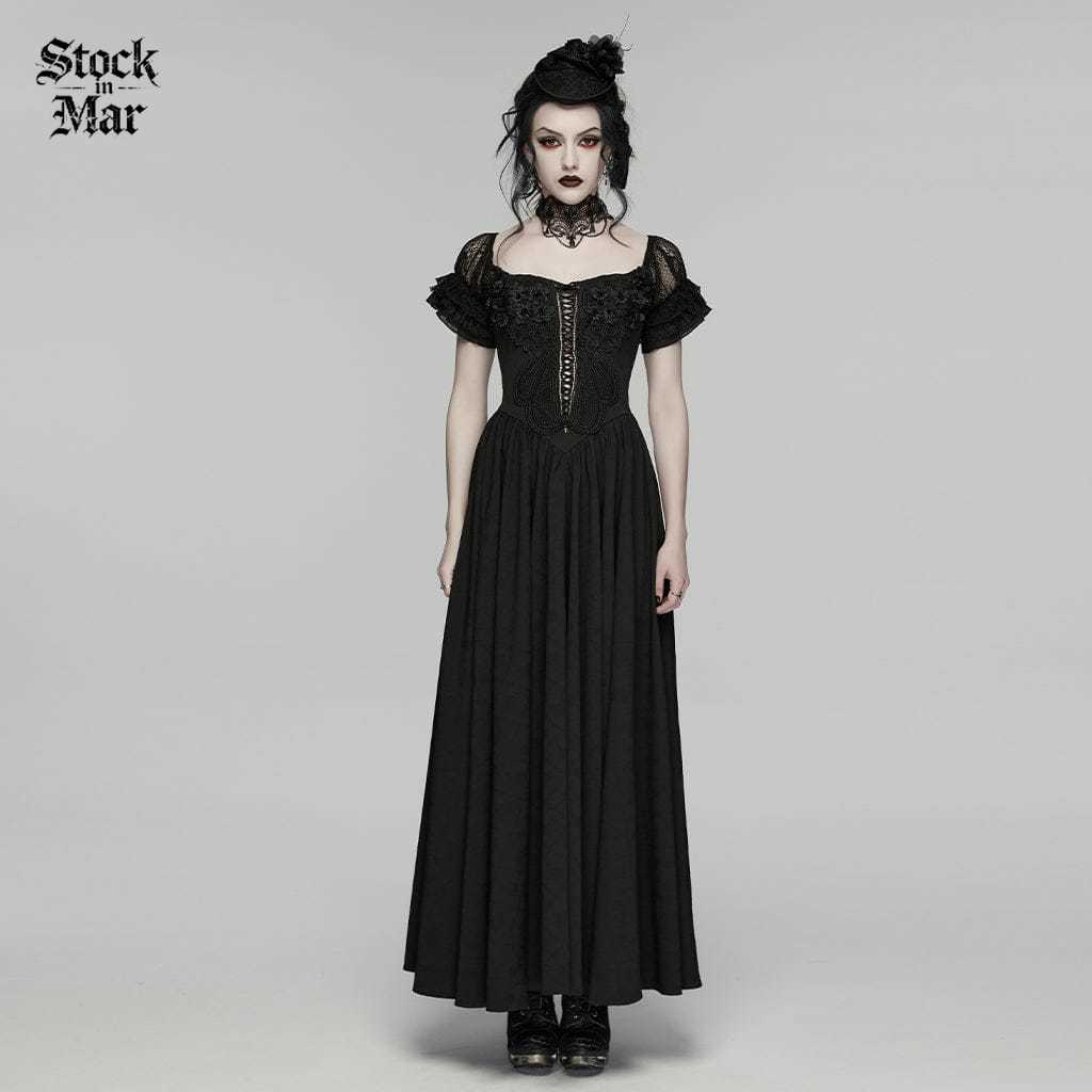 PUNK RAVE Women's Gothic Floral Ruffled Off Shoulder Maxi Dress