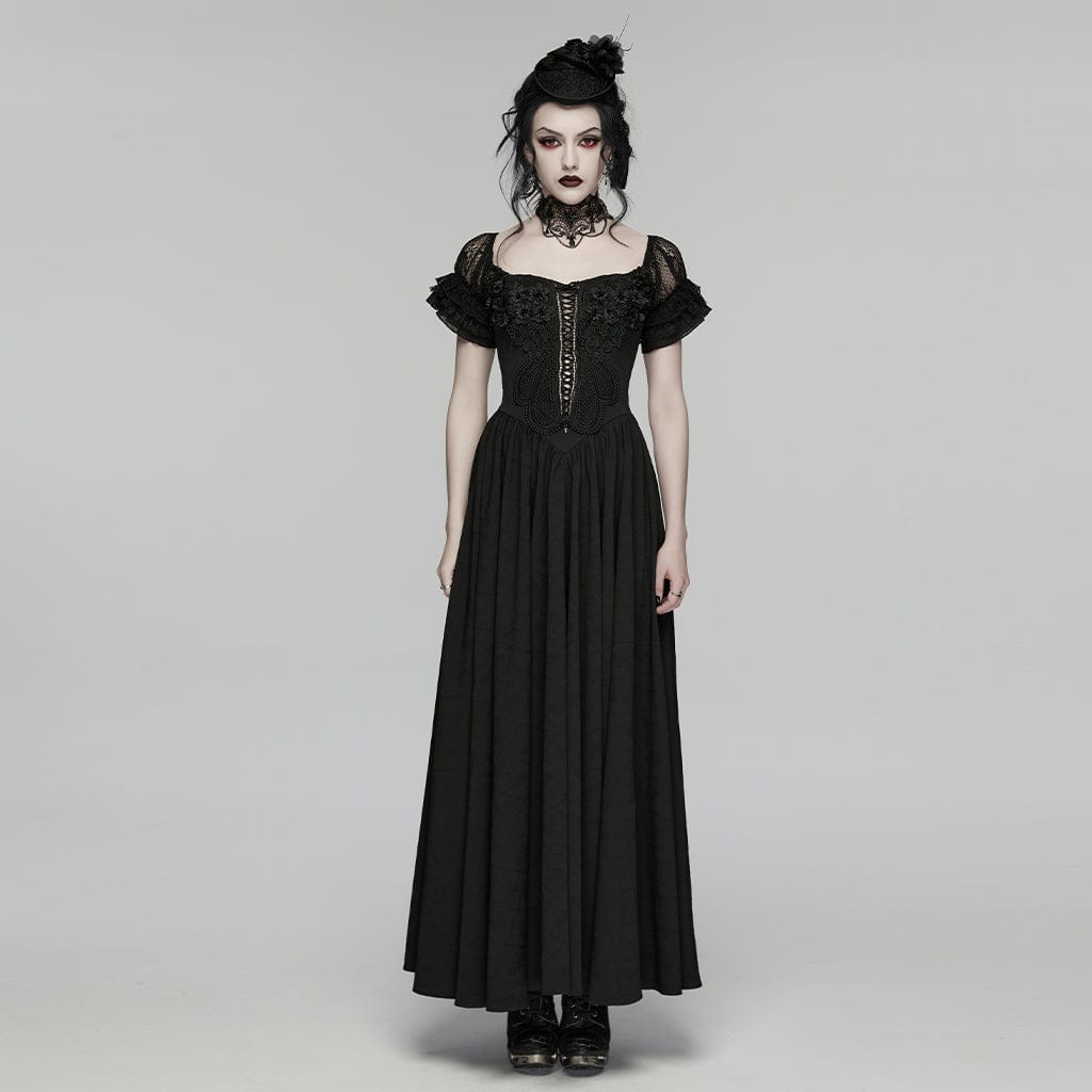 PUNK RAVE Women's Gothic Floral Ruffled Off Shoulder Maxi Dress Wedding Dress