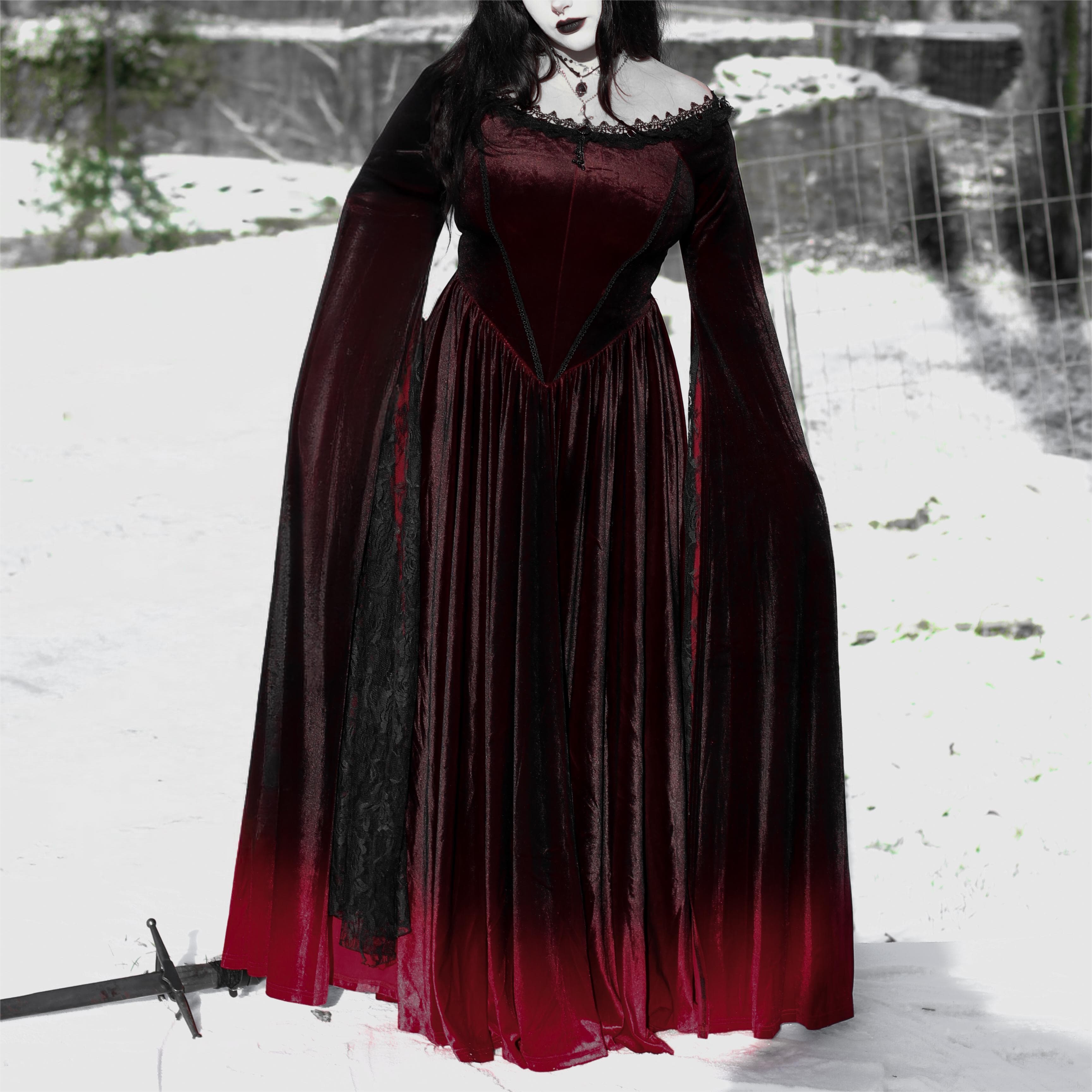 PUNK RAVE Women's Gothic Gradient Off Shoulder Flare Sleeved Maxi Dress Wedding Dress