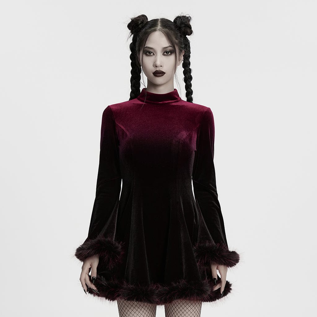 Women's Gothic Gradient Velvet Dress Red Punk Design Women's Gothic Gradient Velvet Dress Red Punk Design