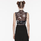 PUNK RAVE Women's Gothic Half-high Collar Sun Mesh Tank Top