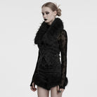 PUNK RAVE Women's Gothic Halterneck Jacquard Denim Vest with Faux Fur Collar Black