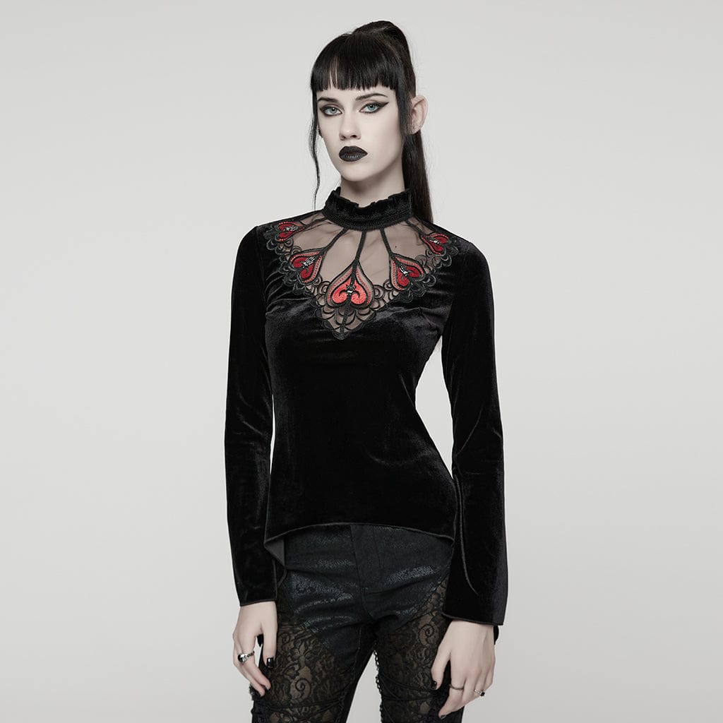 PUNK RAVE Women's Gothic Heart Embroideried Long Sleeved Top