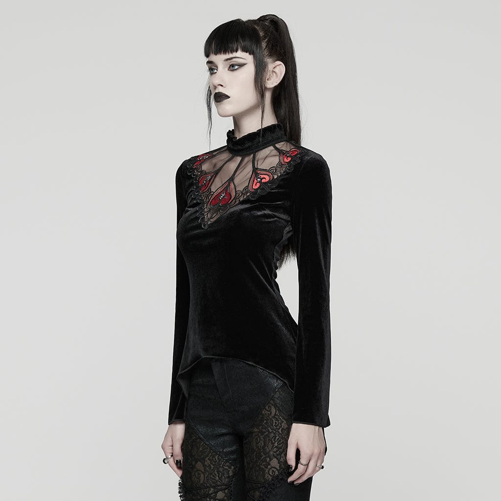 PUNK RAVE Women's Gothic Heart Embroideried Long Sleeved Top