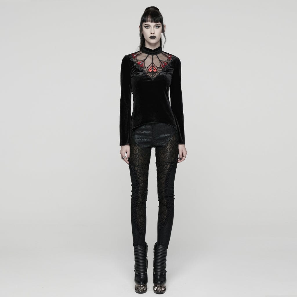 PUNK RAVE Women's Gothic Heart Embroideried Long Sleeved Top