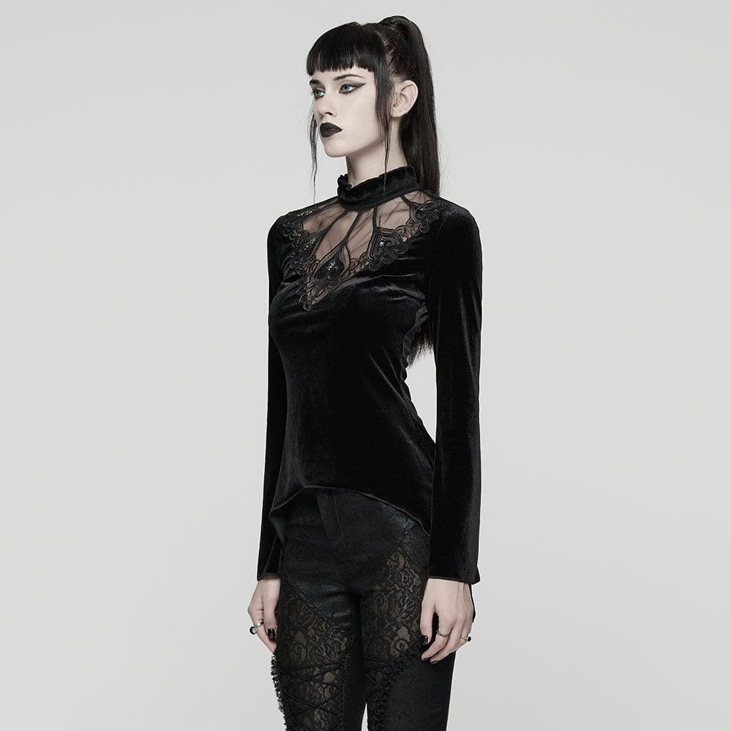 PUNK RAVE Women's Gothic Heart Embroideried Long Sleeved Top Black