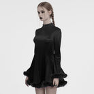 PUNK RAVE Women's Gothic High-Neck Fur Cuff Velvet Dress Black
