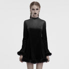 PUNK RAVE Women's Gothic High-Neck Fur Cuff Velvet Dress Black