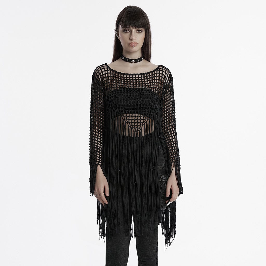 PUNK RAVE Maglione con nappe traforate gotico da donna nero