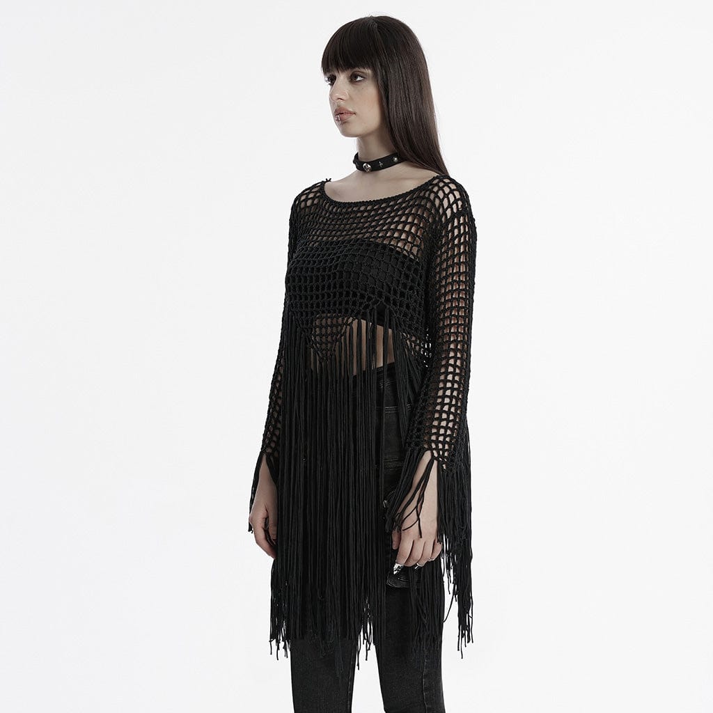 PUNK RAVE Women's Gothic Hollow-out Tassels Sweater Black