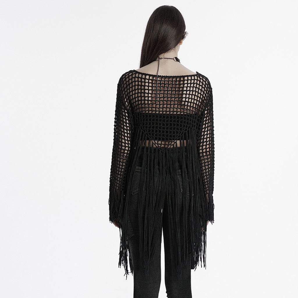 PUNK RAVE Women's Gothic Hollow-out Tassels Sweater Black