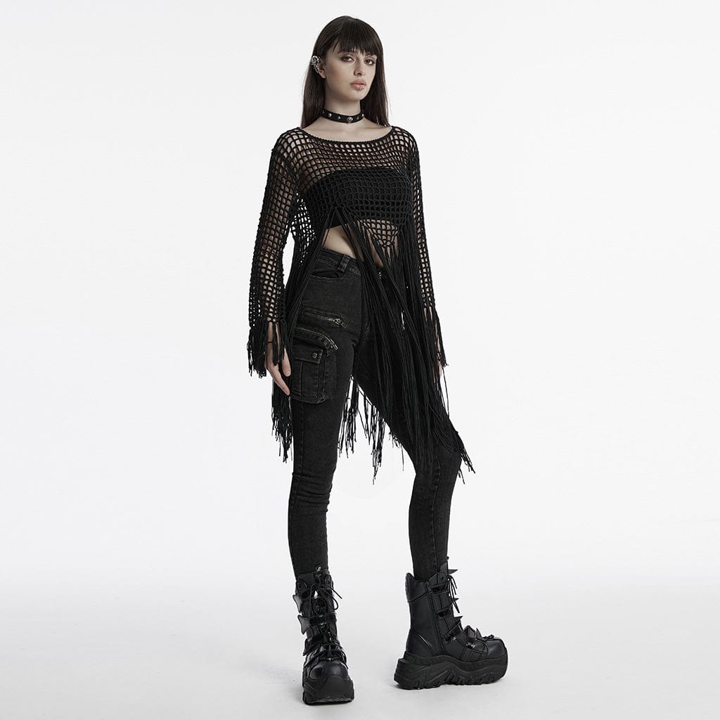 PUNK RAVE Women's Gothic Hollow-out Tassels Sweater Black