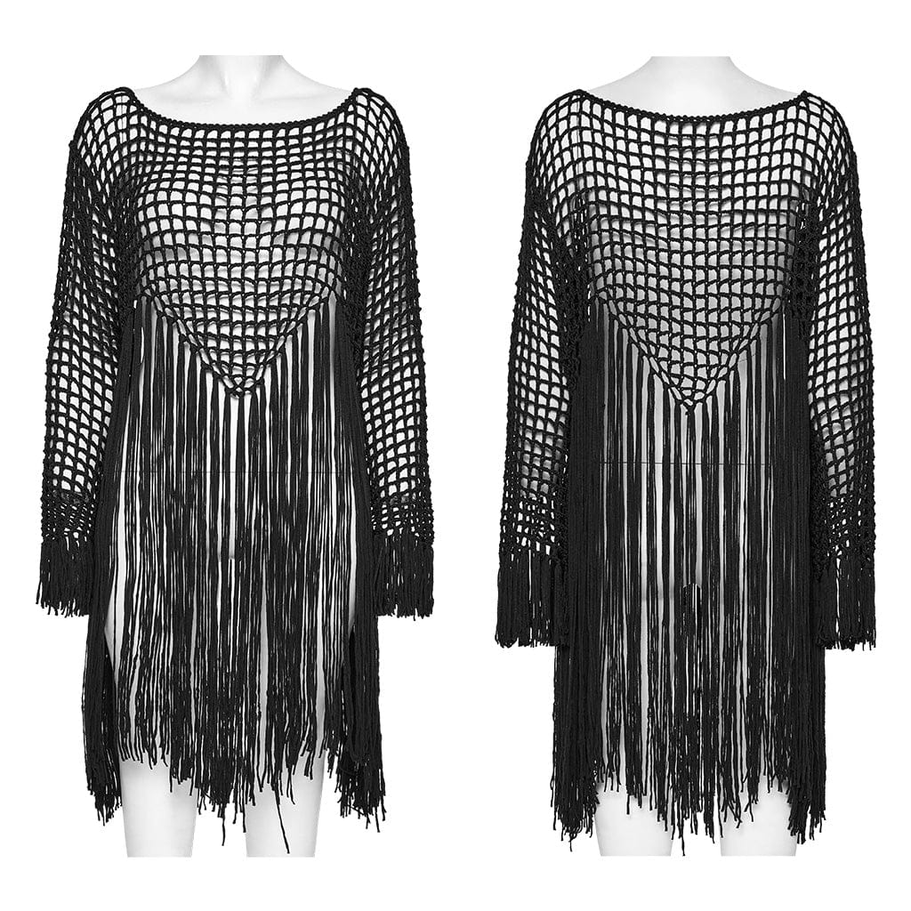 PUNK RAVE Women's Gothic Hollow-out Tassels Sweater Black