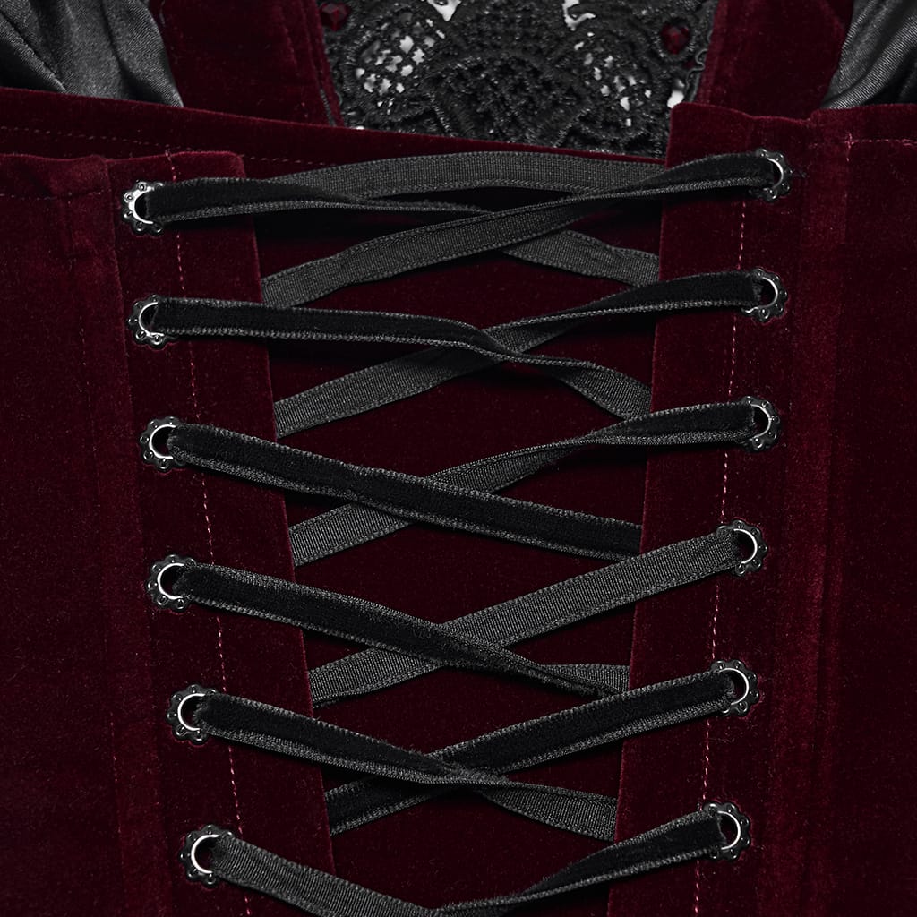 PUNK RAVE Women's Gothic Irregular Applique Lace-up Overbust Corset Red