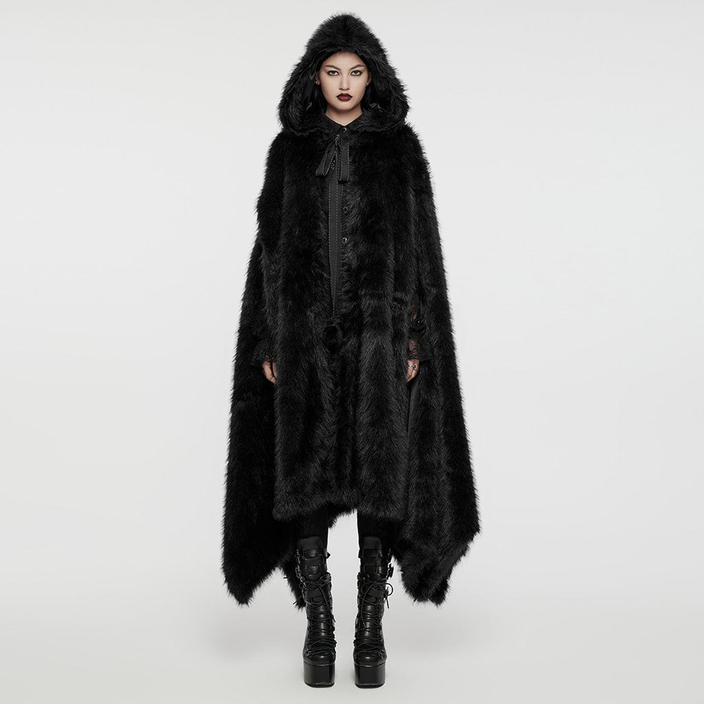 PUNK RAVE Women's Gothic Irregular Faux Fur Winter Cloak