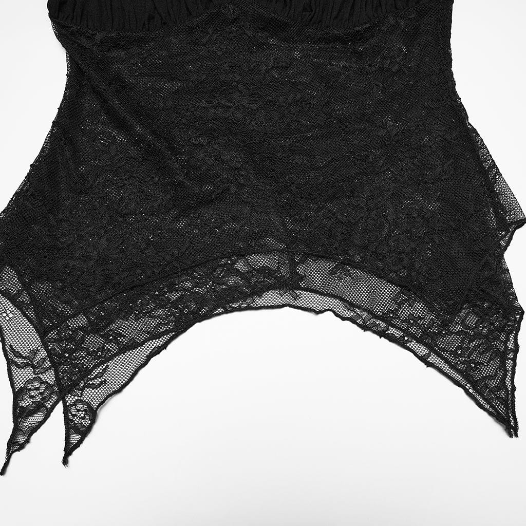 PUNK RAVE Women's Gothic Irregular Floral Lace Splice Ruched Top