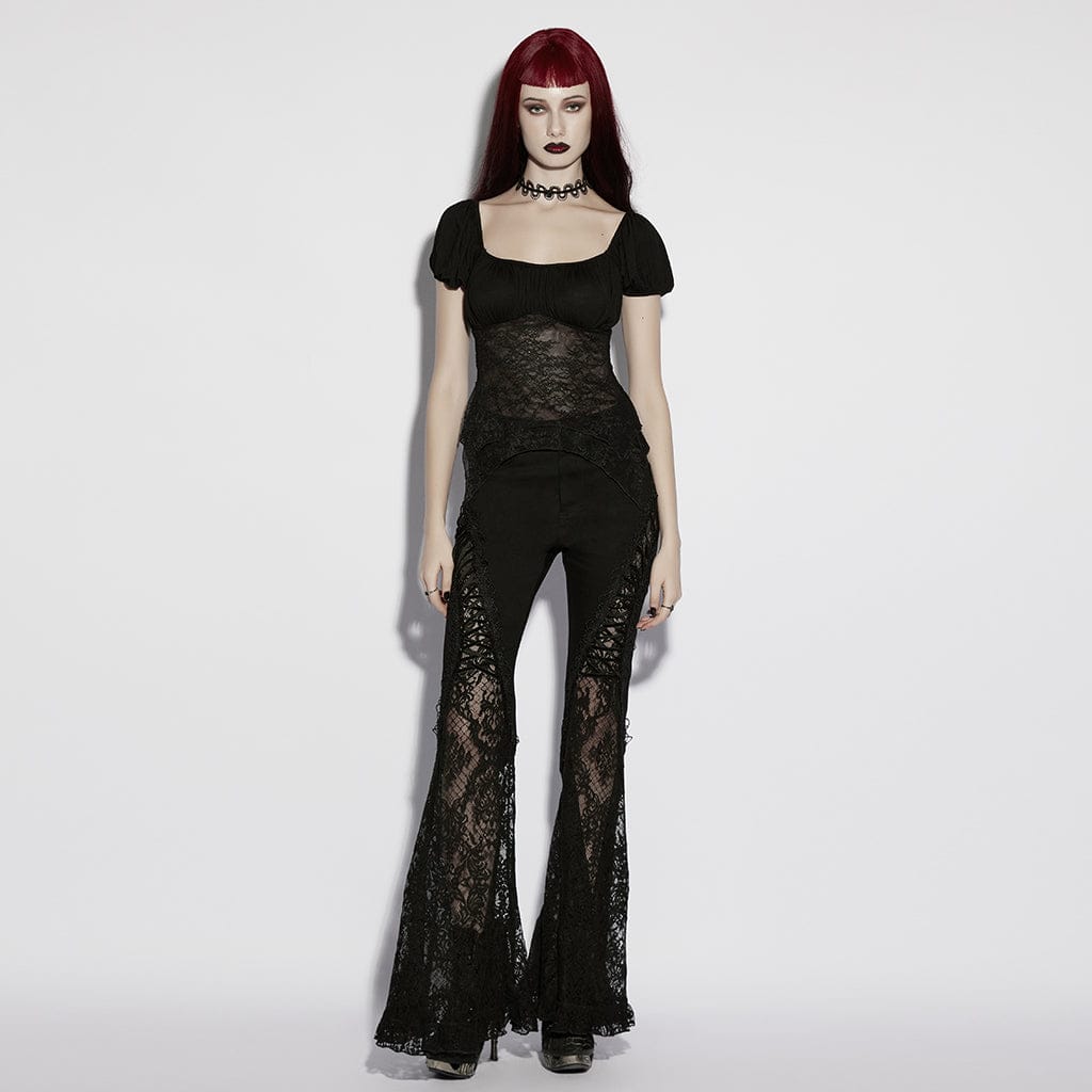 PUNK RAVE Women's Gothic Irregular Floral Lace Splice Ruched Top