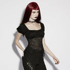 PUNK RAVE Women's Gothic Irregular Floral Lace Splice Ruched Top