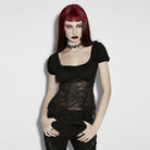 PUNK RAVE Women's Gothic Irregular Floral Lace Splice Ruched Top