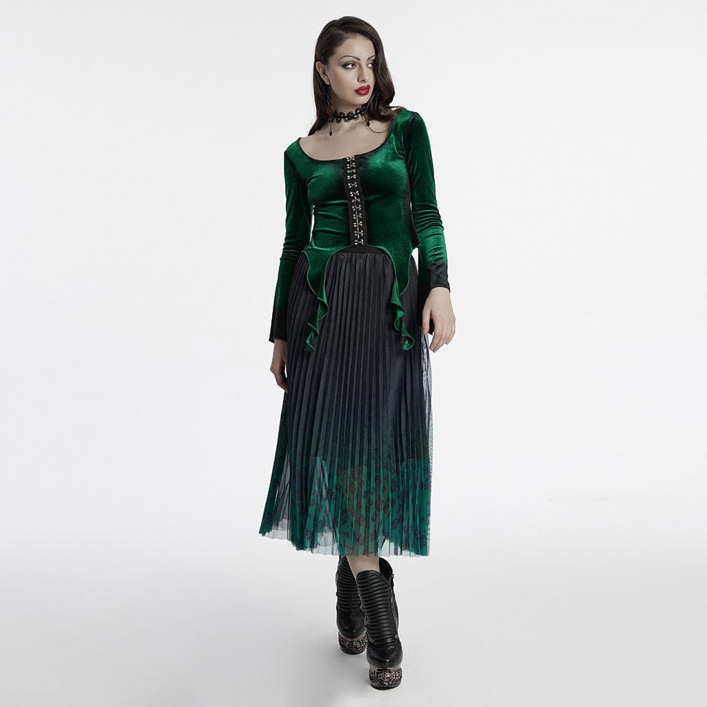 PUNK RAVE Women's Gothic Irregular Gradient Velvet Shirt Green