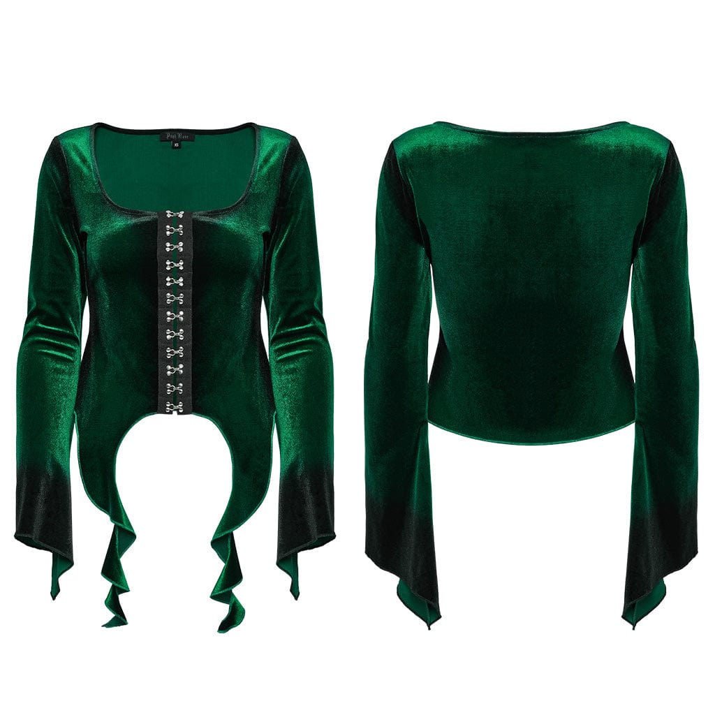 PUNK RAVE Women's Gothic Irregular Gradient Velvet Shirt Green