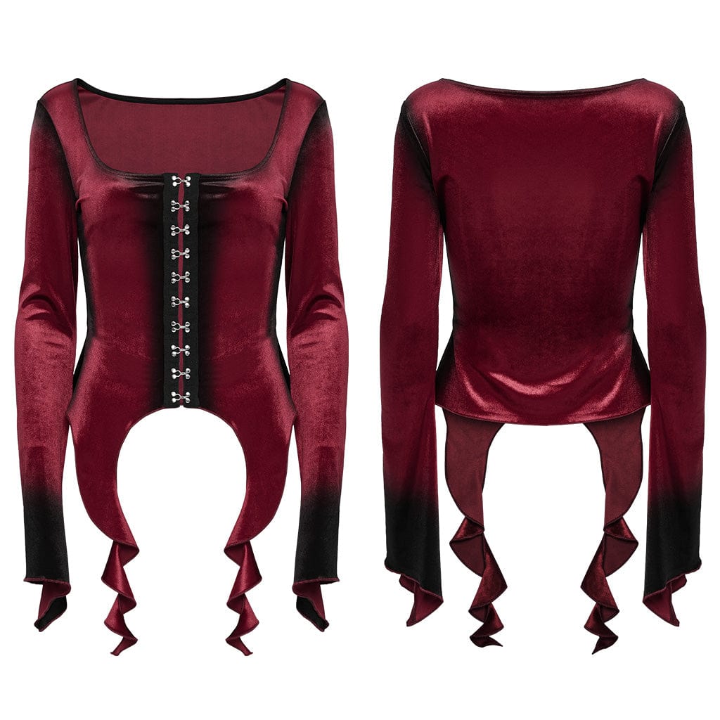 PUNK RAVE Women's Gothic Irregular Gradient Velvet Shirt Red