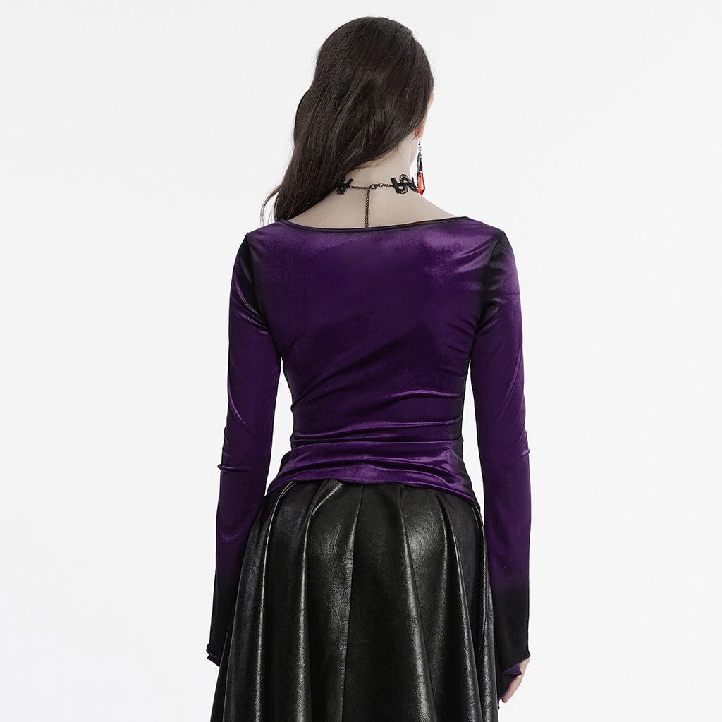 PUNK RAVE Women's Gothic Irregular Gradient Velvet Shirt Violet