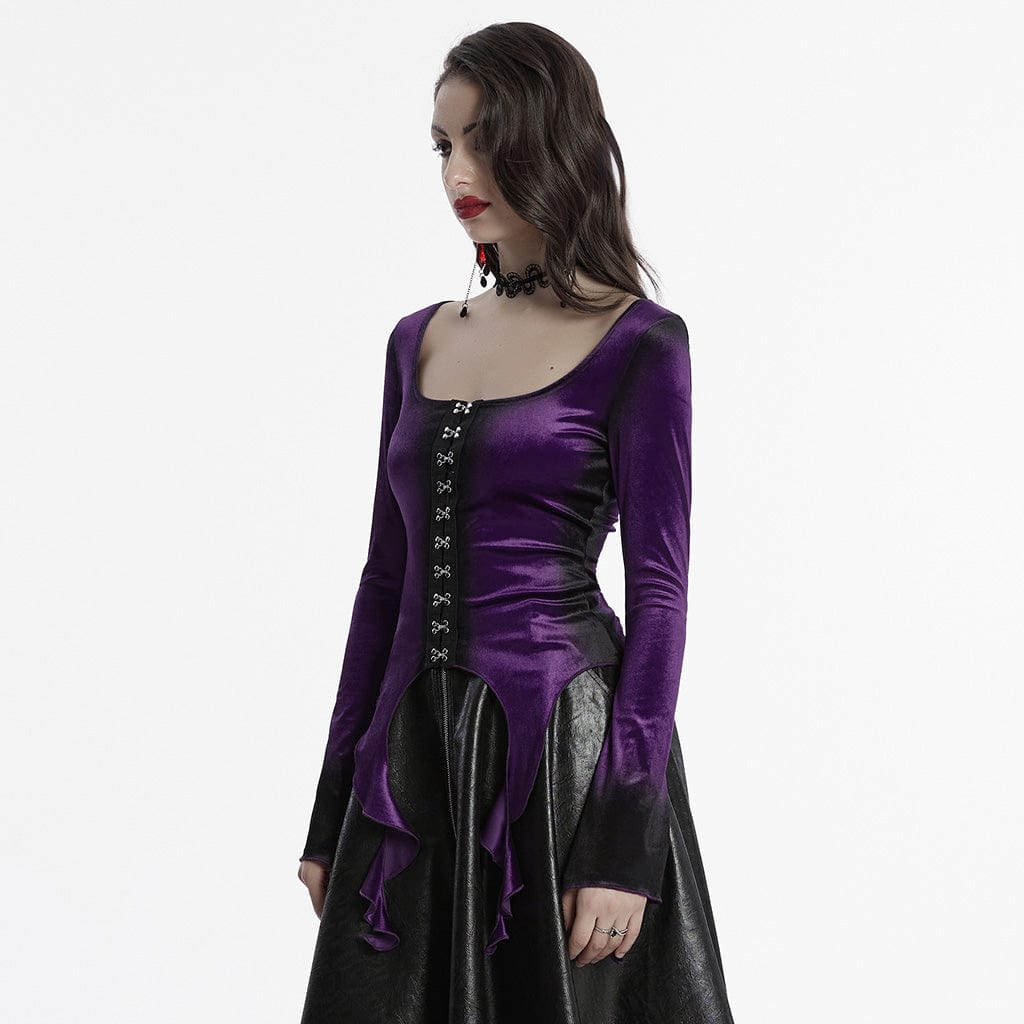 PUNK RAVE Women's Gothic Irregular Gradient Velvet Shirt Violet