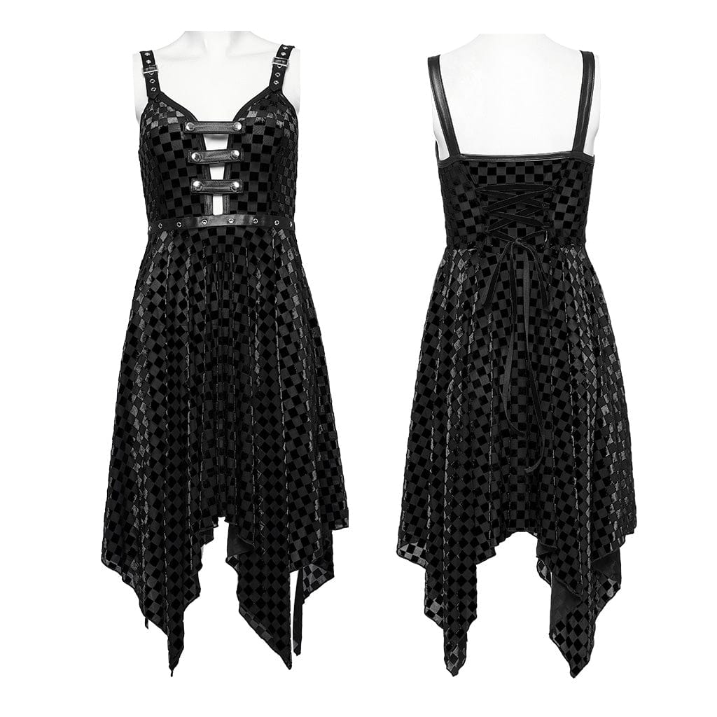 PUNK RAVE Women's Gothic Irregular Plunging Plaid Slip Dress Black