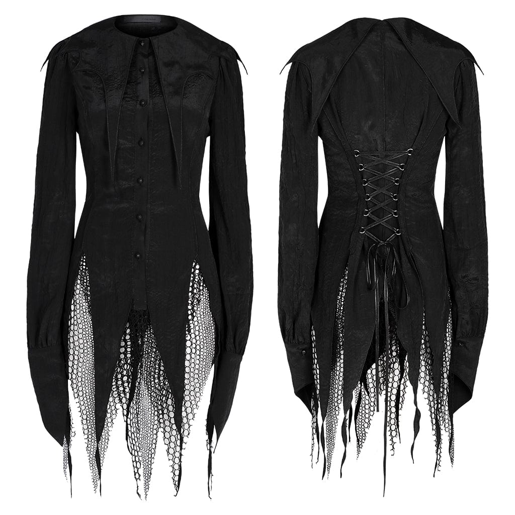 PUNK RAVE Women's Gothic Irregular Pointed Mesh Splice Shirt