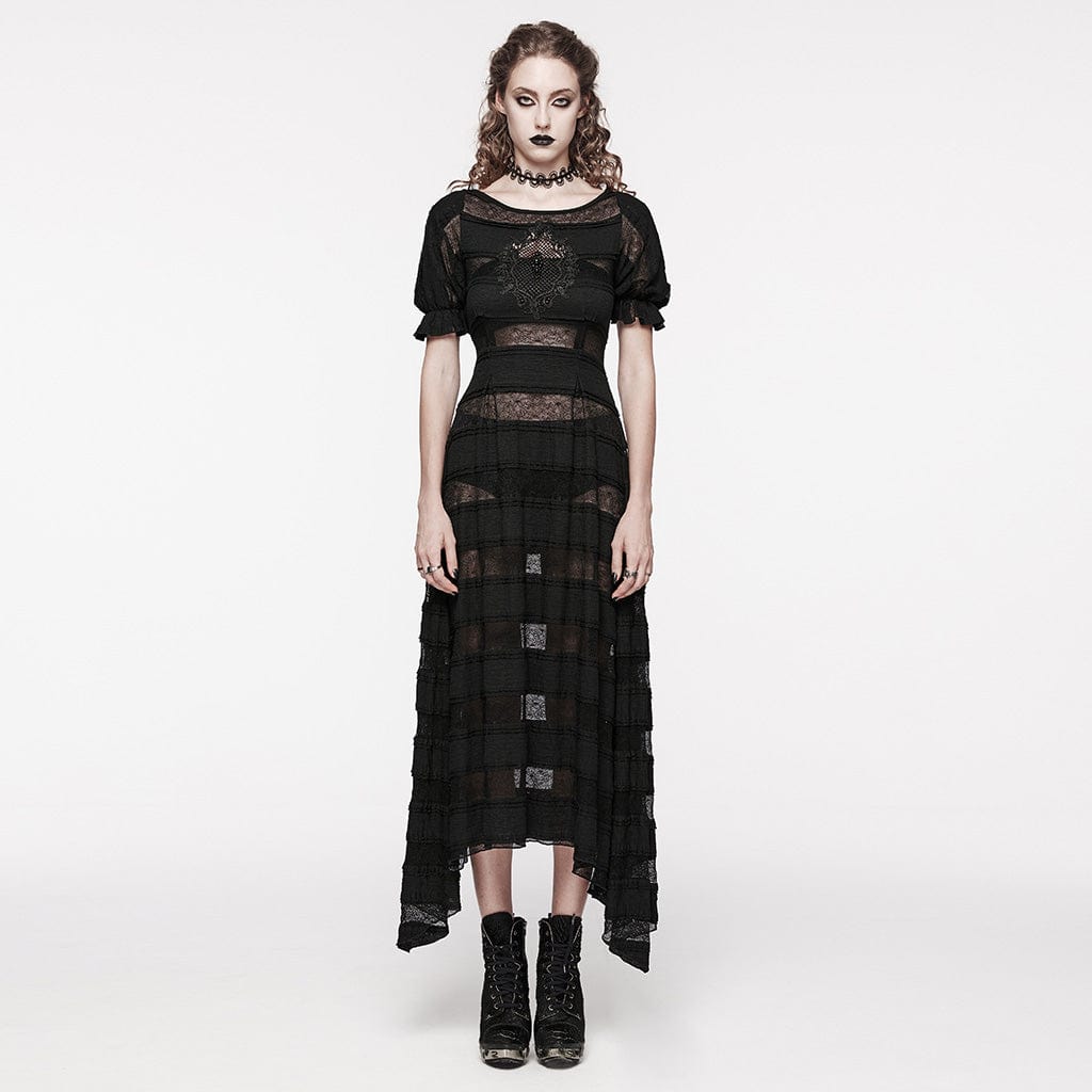 PUNK RAVE Women's Gothic Irregular Puff Sleeved Lace Dress