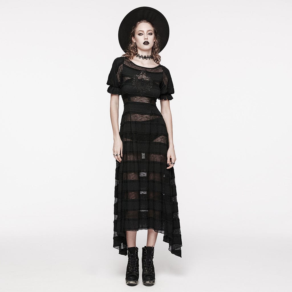PUNK RAVE Women's Gothic Irregular Puff Sleeved Lace Dress