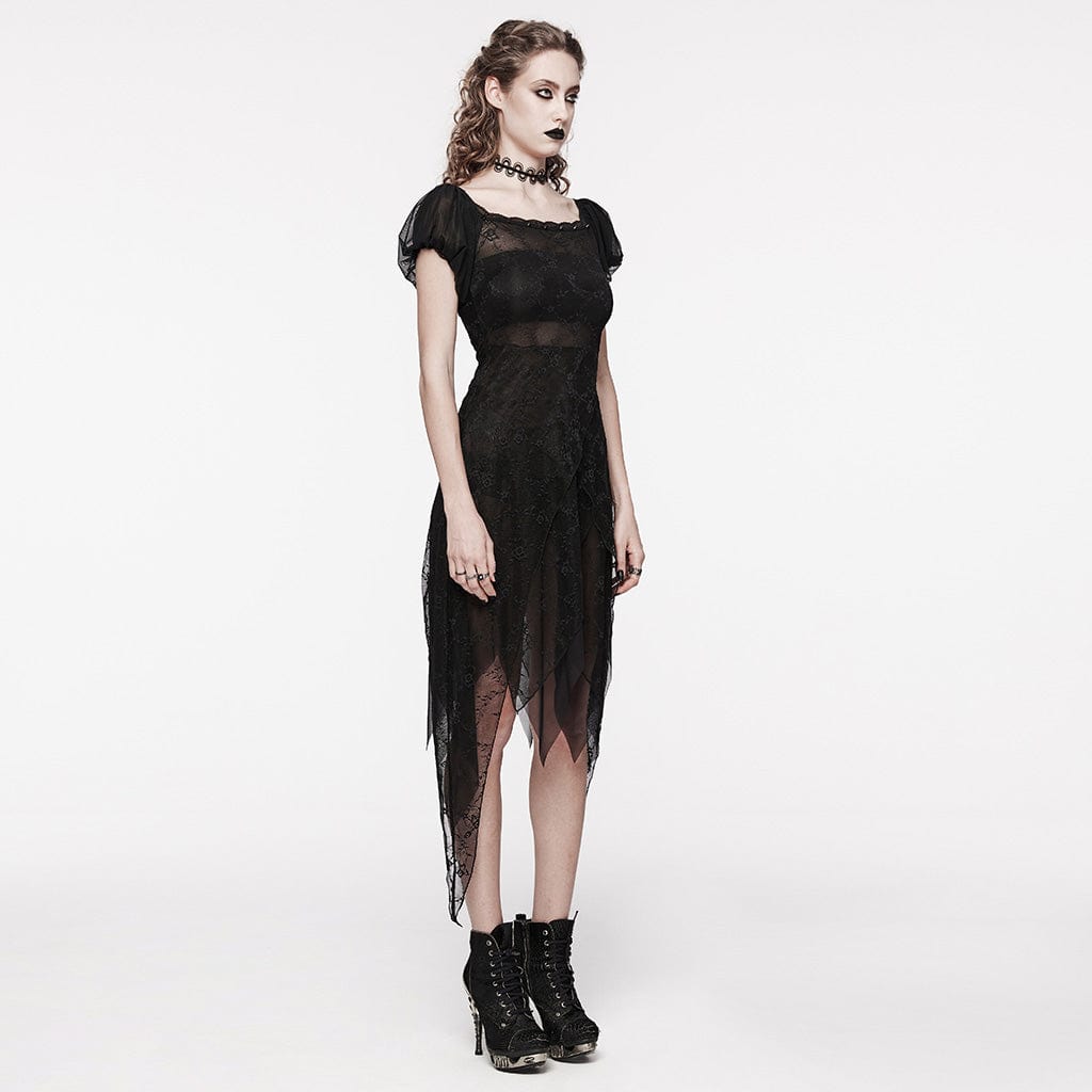 PUNK RAVE Women's Gothic Irregular Puff Sleeved Mesh Dress