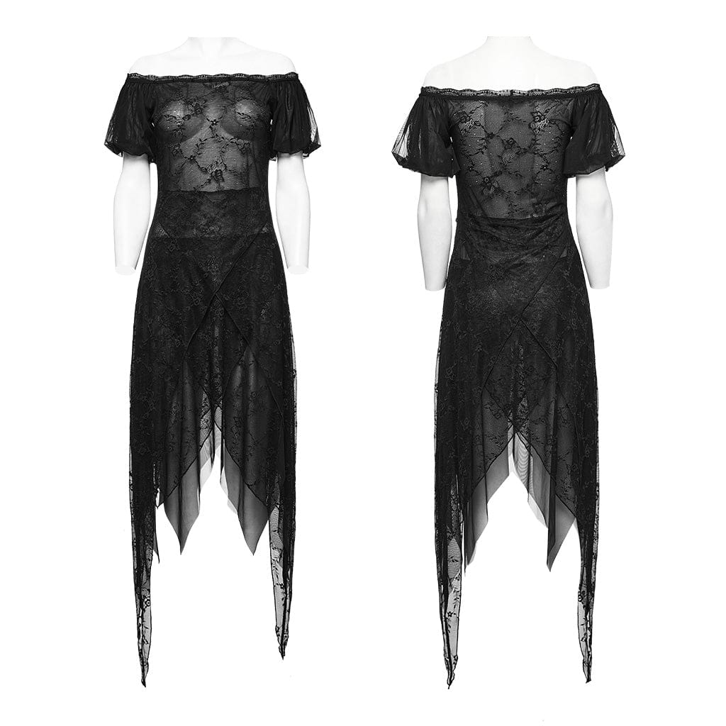PUNK RAVE Women's Gothic Irregular Puff Sleeved Mesh Dress