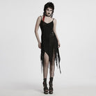 PUNK RAVE Women's Gothic Irregular Ripped Lace-up Party Slip Dress