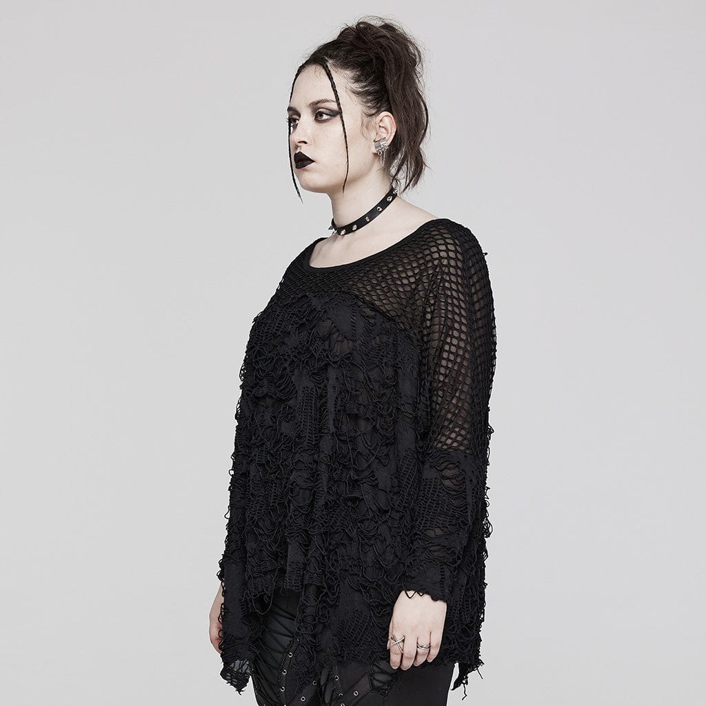 PUNK RAVE Women's Gothic Irregular Ripped Mesh Splice Shirt